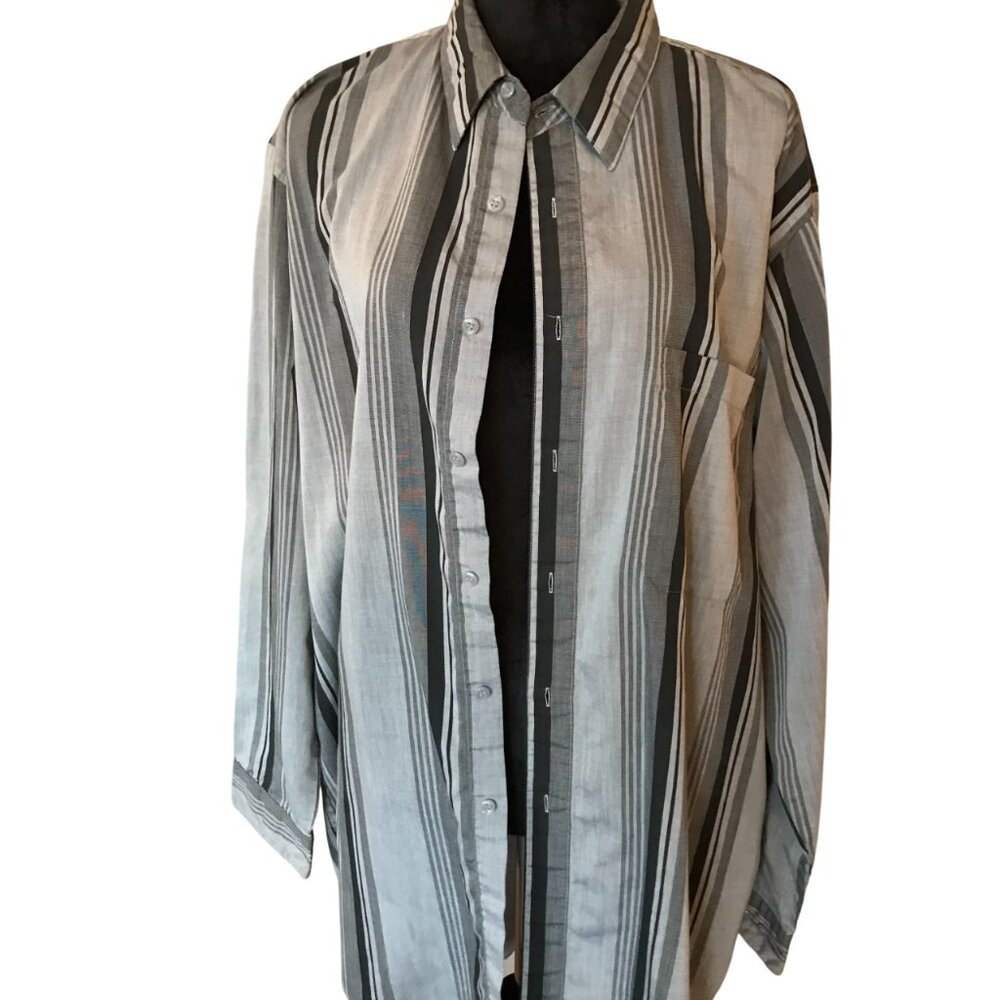 Men's Striped Button-Down Collar Shirt Vintage 90s Gray Black Puritan Size 2XLT